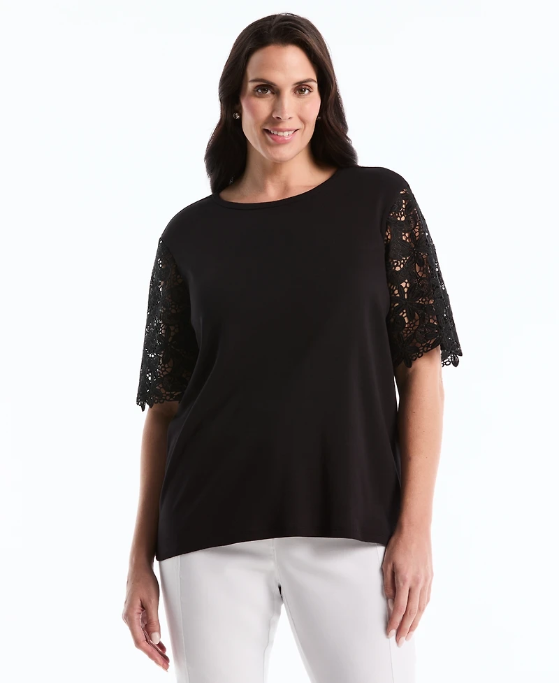 Rafaella Plus Drape Lace Sleeve Crewneck Top