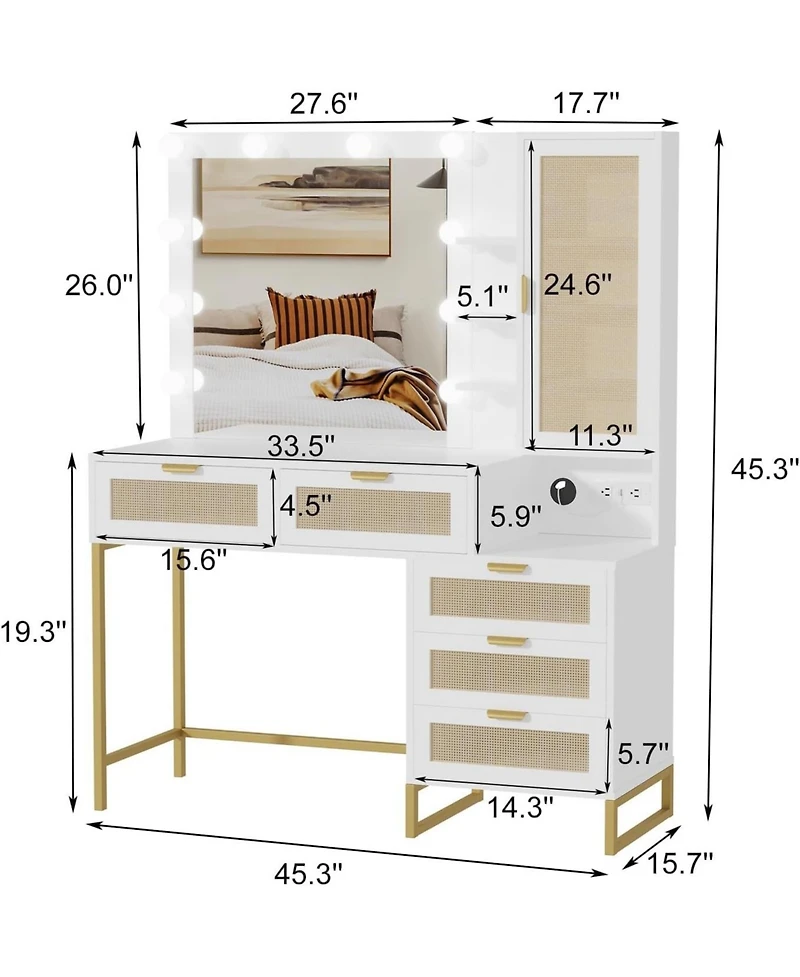 gaomon Vanity Benches, Modern Makeup Desk with Adjustable Mirror, Built Charging Station, 5 Drawers
