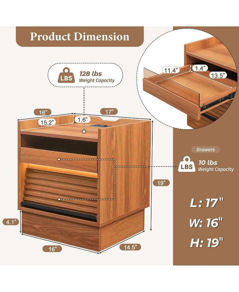 Rainsken Wooden Nightstand with Charging Station and Led lights, Mid Century Modern Bedside Table with 2 Drawers for Bedroom and Living Room (Yellow)