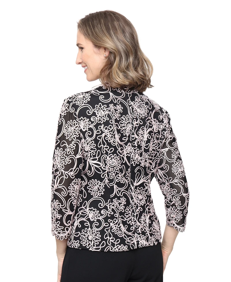 Alex Evenings Women's 3/4-Sleeve Embroidered Blouse