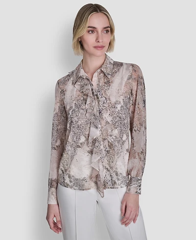 Dkny Women's Printed Ruffle Front Long-Sleeve Collared Blouse