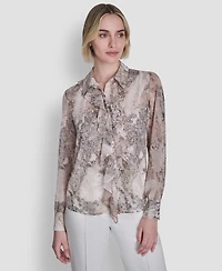 Dkny Women's Printed Ruffle Front Long-Sleeve Collared Blouse