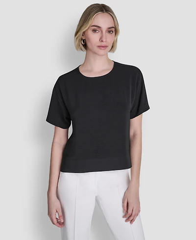Dkny Women's Textured Woven Short-Sleeve Crew Neck Top