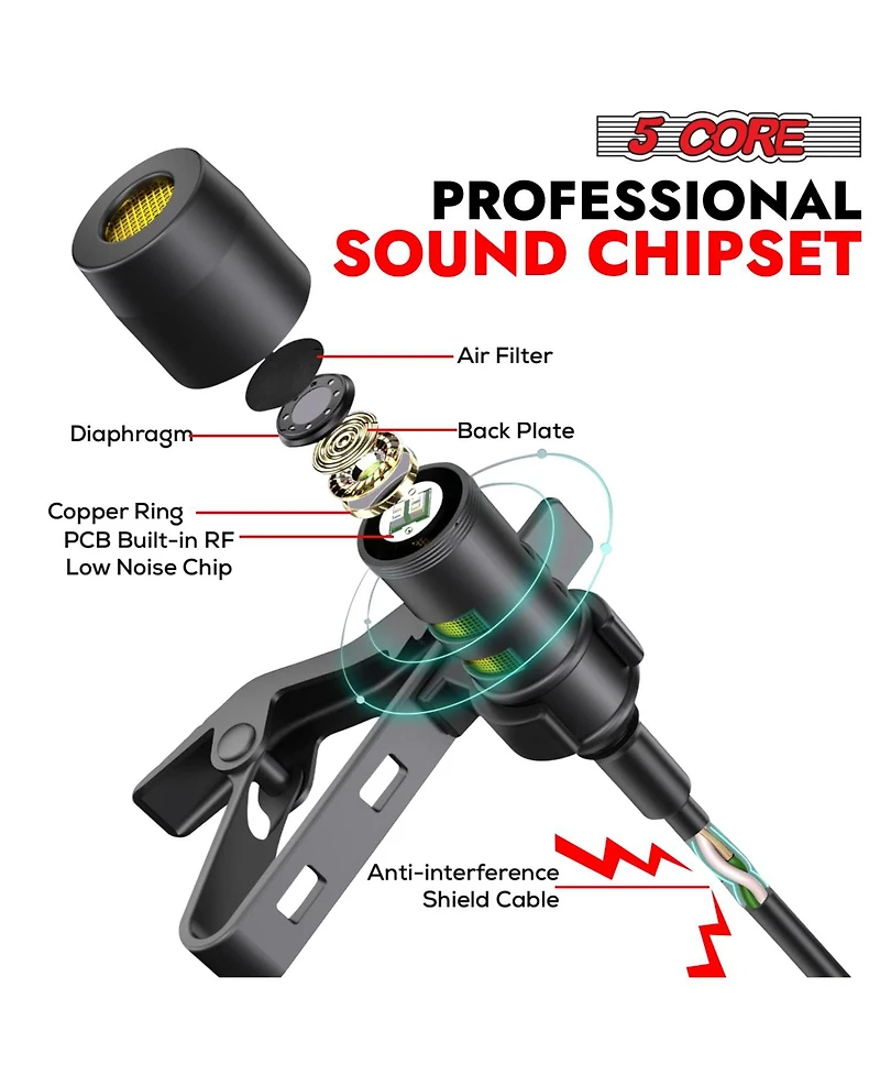 5 Core Microphone 2Pcs Lavalier Mic Wearable Omnidirectional Condenser 3.5mm Body Microfono