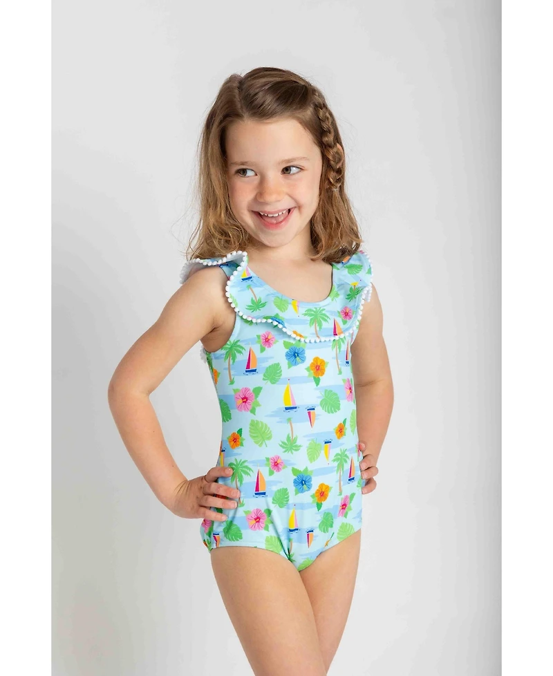 Florence Eiseman Big Girls Tropical Print Ruffle Neck Swimsuit