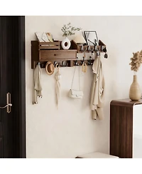 Yigii Solid Wood 6-in-1 Wall Organizer with 12 Hooks, Drawer & Shelf for Entryways