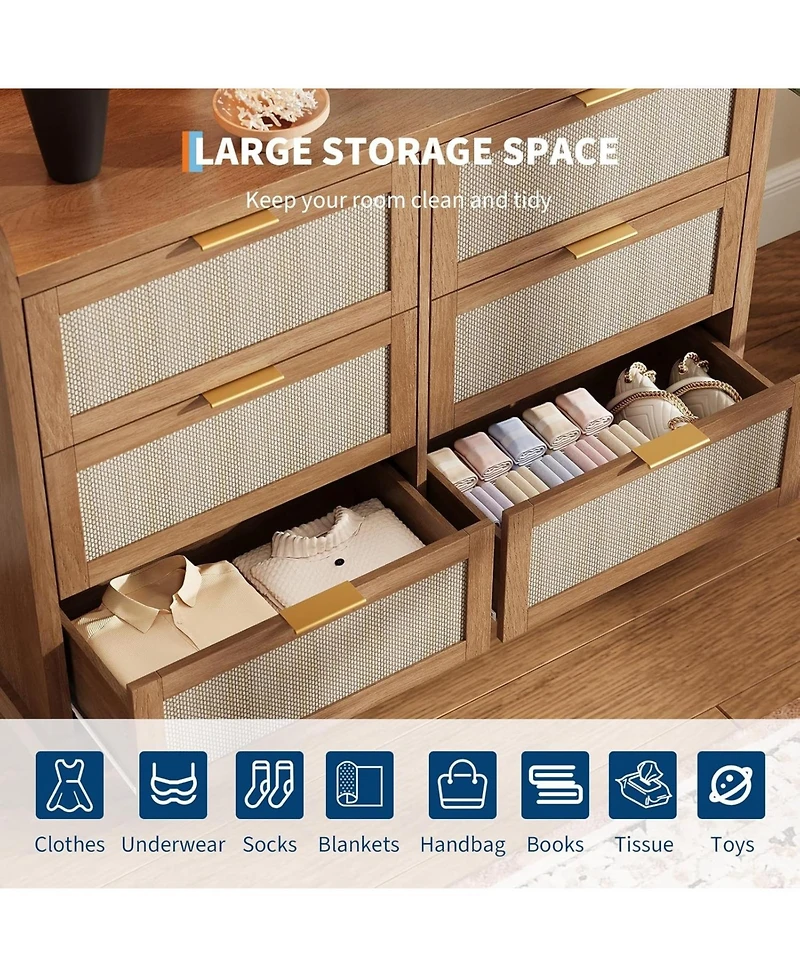 gaomon Farmhouse 6 Drawer Dresser, Rattan Chest of Drawers with Spacious Tabletop & Raised Edges, Compact Wood Storage Organizer for Bedrooms