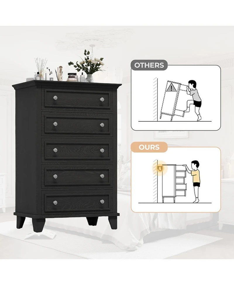 Gaomon Black 48" Tall 5-Drawer Wooden Dresser, Deep Storage Chest for Bedroom