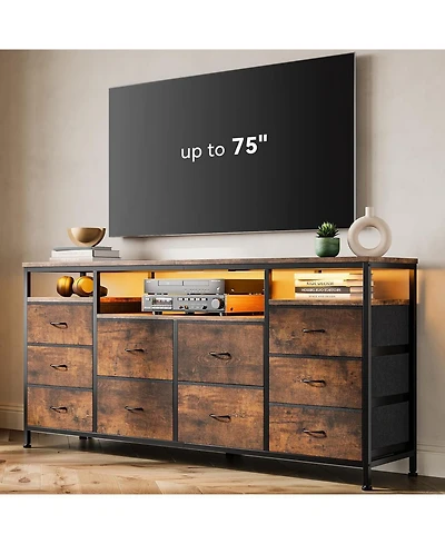 gaomon 63" Dresser with 10 Fabric Drawers, Wide Tv Stand Built-in Usb Ports & Led Lighting, Multi-Functional Storage Unit for 75 Inch