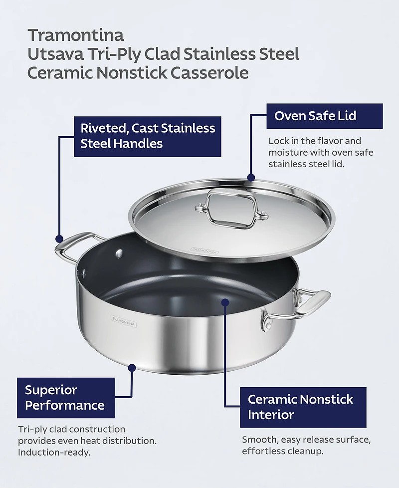 Tramontina Utsava Tri-Ply Clad Stainless Steel 6.5-Quart Covered Casserole
