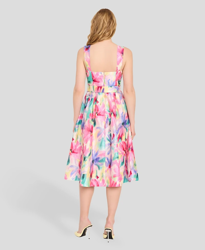 Tahari Asl Women's Crinkle Belted Square Neck Midi Dress