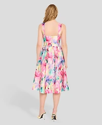 Tahari Asl Women's Crinkle Belted Square Neck Midi Dress