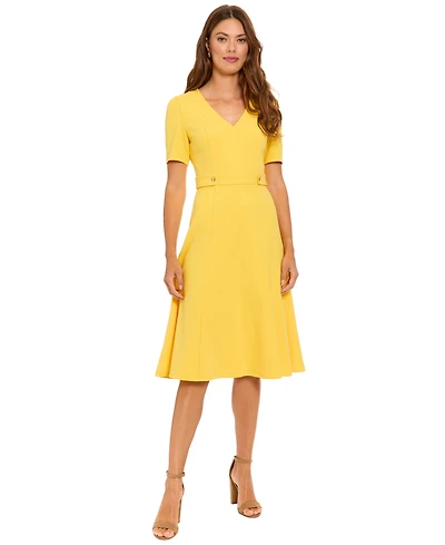 London Times Women's V-Neck Side Tab Midi Dress