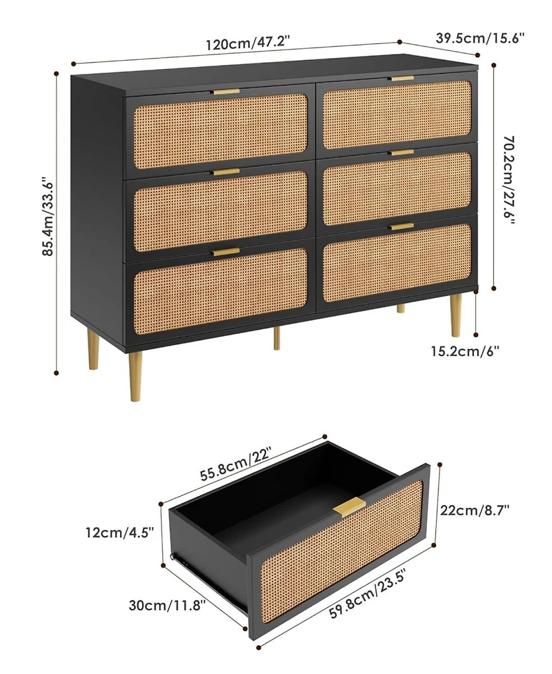 gaomon Rattan Dresser with 6 Drawers, Tall Modern Closet with Deep Storage, Long Wooden Dresser for Bedroom