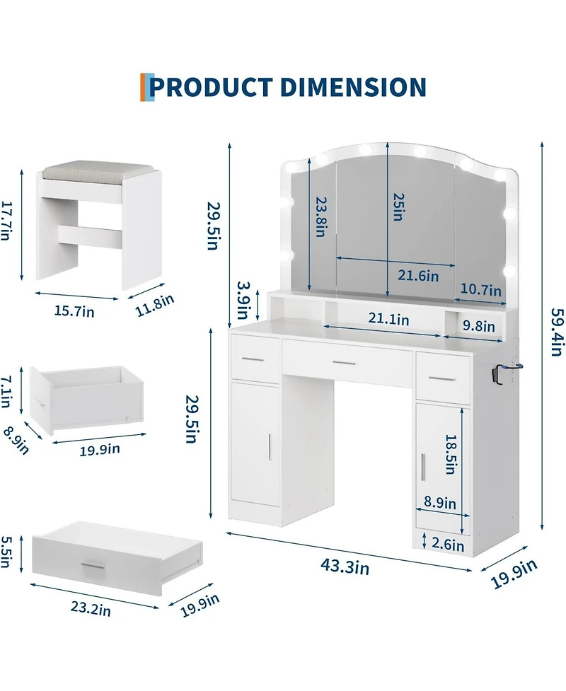 Gaomon Vanity Desk with Mirror & 10 Led Lights, 3 Drawers, 2 Cabinets, Shelf, Storage Stool & Power Outlet