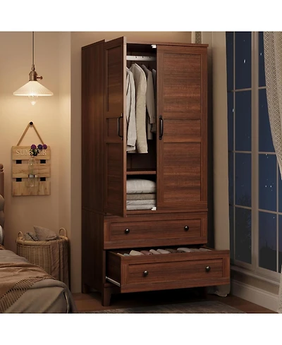 Armoire Wardrobe Closet with 2 Drawers,72 in Wooden Wardrobe Cabinet with Hanging Rod
