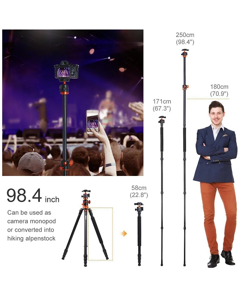 K&F Concept K234A6 4-Section Aluminum Travel Tripod/Monopod with Ball Head