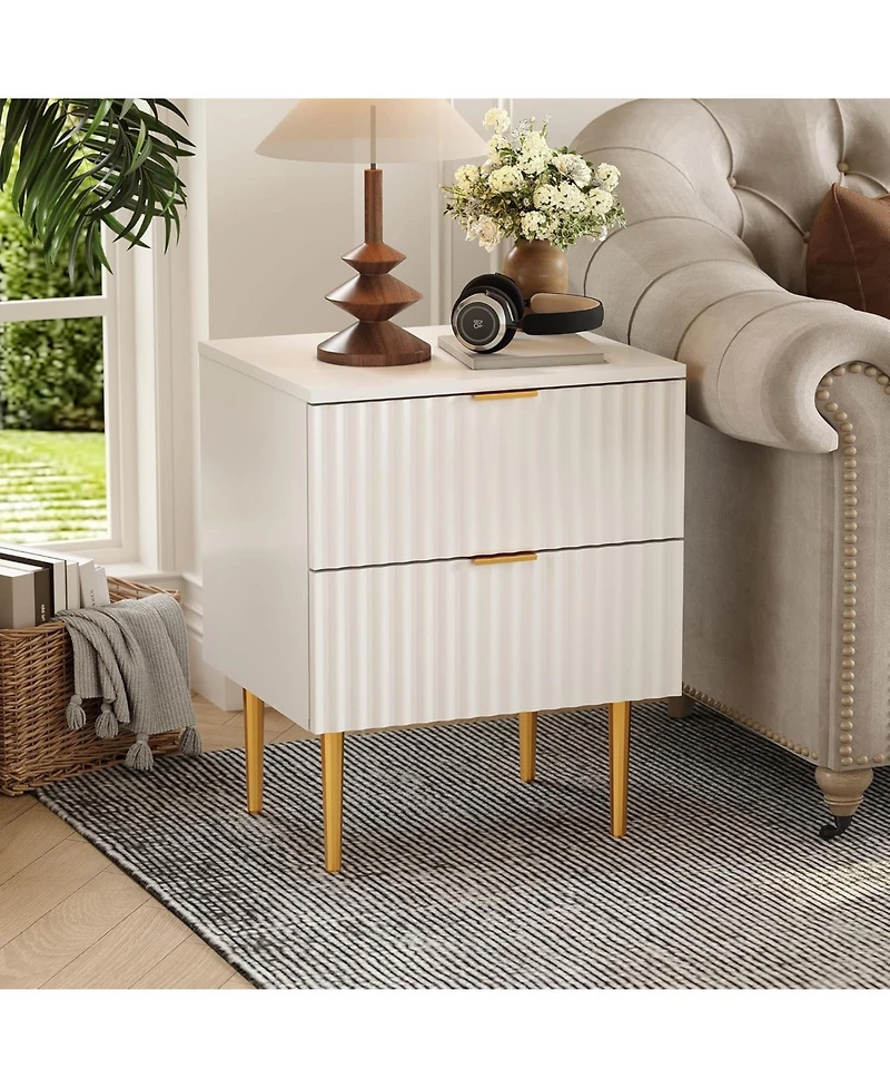 gaomon 2 Pack Modern Nightstand with Usb Charging Station, Gold & Wood Fluted Bedside Night Stand with 2 Drawers, Usb Ports & Outlets