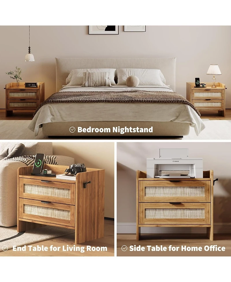gaomon Boho Rattan Bedside Table with Type-c Charging Station