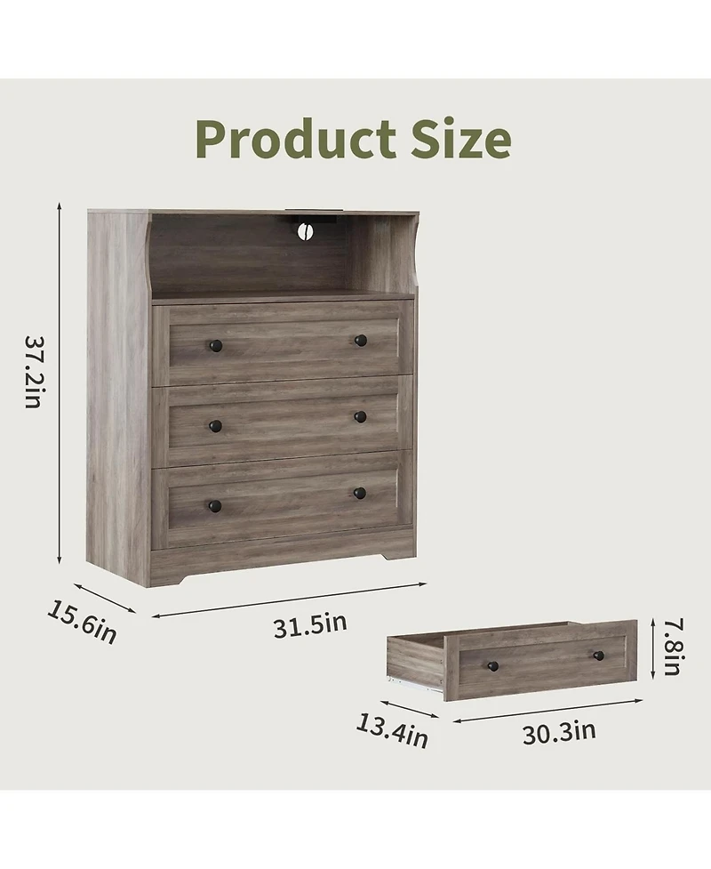 Gaomon Small 3 Drawer Dresser for Bedroom or Closet, Wooden Chest with Charging Station & Led Lights