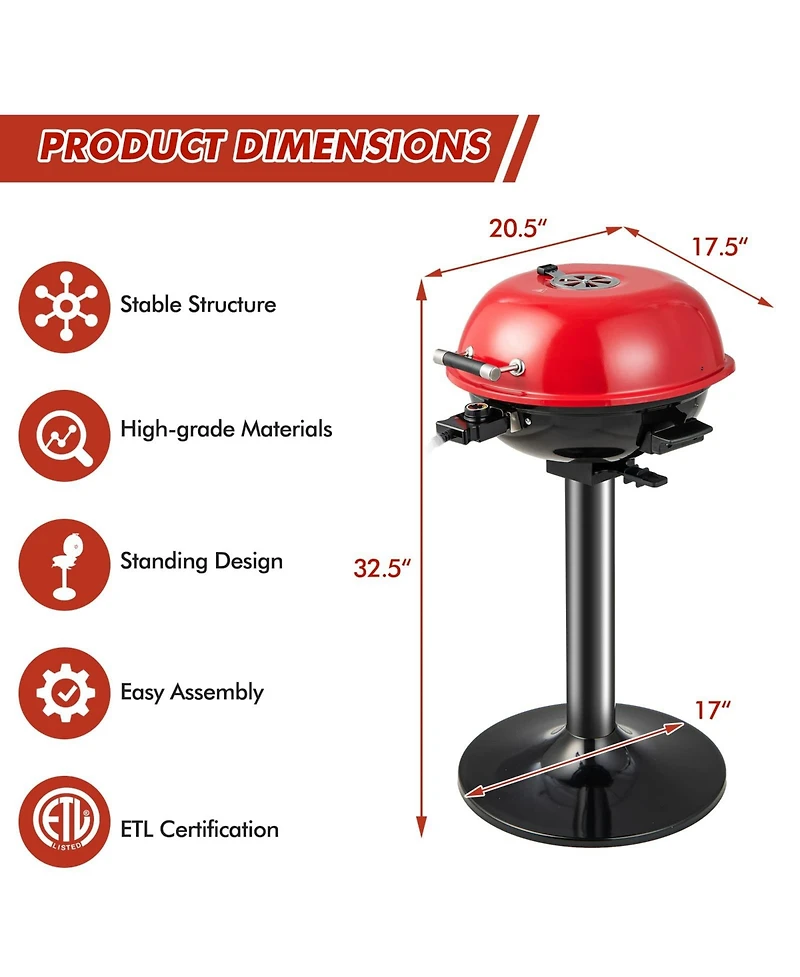 Ecooso 1600W Electric Bbq Grill with Removable Non-Stick Warming Rack-Red