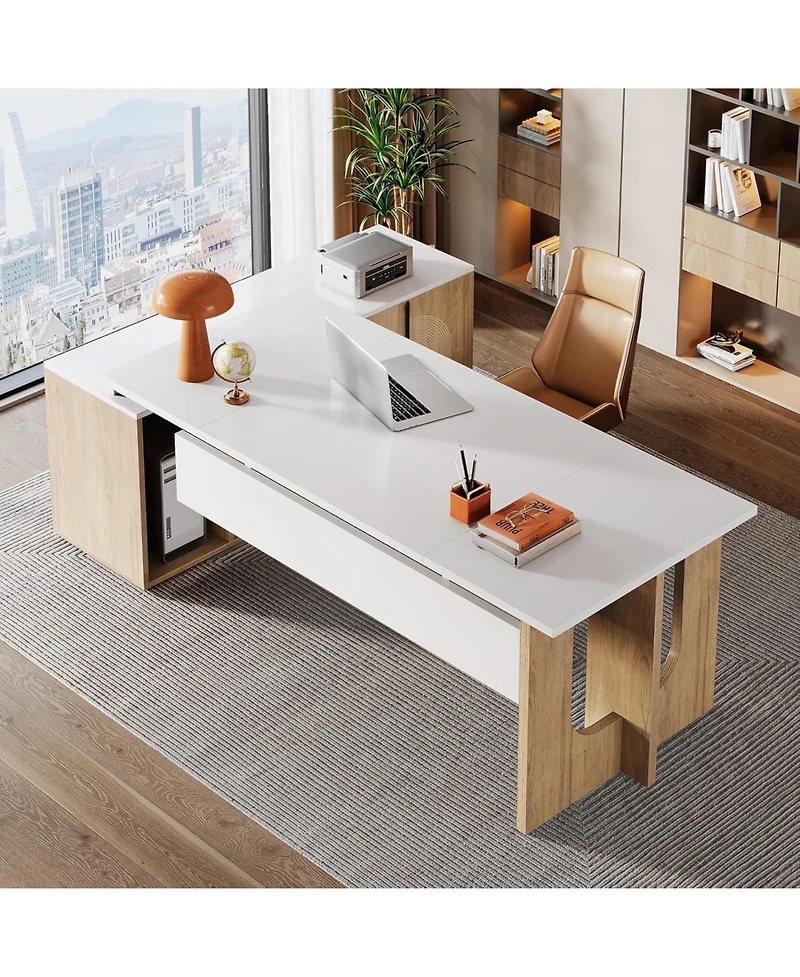 Tribesigns Large Executive Desk, 74.8 Inch L Shaped Computer Desk with Shelves and Cpu Storage, Modern Workstation Set, White and Wood