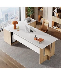 Tribesigns Large Executive Desk, 74.8 Inch L Shaped Computer Desk with Shelves and Cpu Storage, Modern Workstation Set, White and Wood