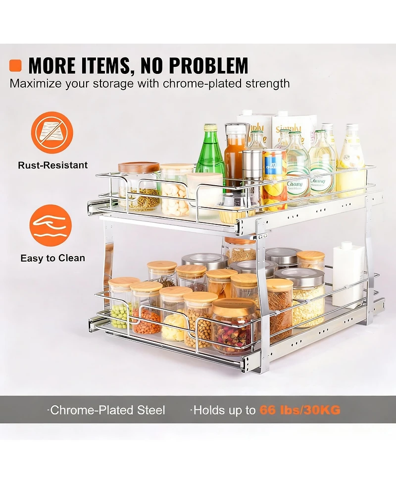 Yigii 2-Tier Pull Out Cabinet Organizer, Heavy Duty Steel, Smooth Sliding, Easy Install, Kitchen and Bathroom