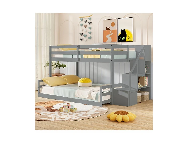 Solid Wood Twin-Over-Full Bunk Bed with Stair Storage