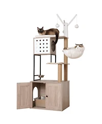 Cozito 3-in-1 Cat Tree with Litter Box Enclosure, Scratching Posts, Feeding Bowls, and Toy Sticks