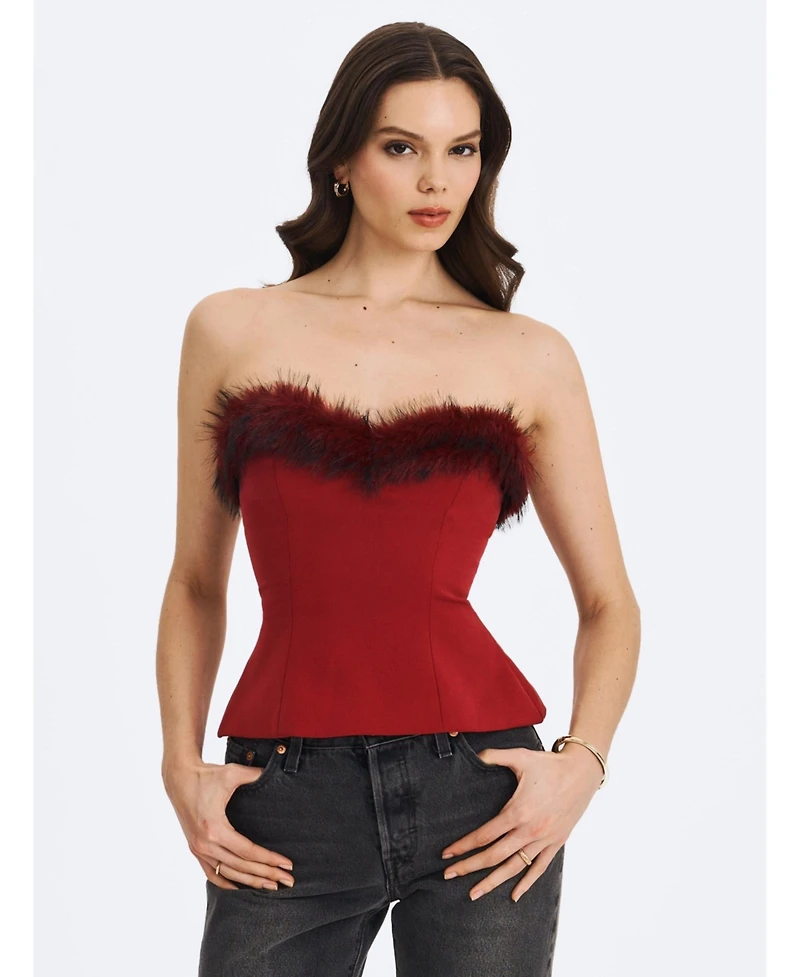 Miss Circle Women's Ivette Crimson Fur-Trimmed Peplum Top