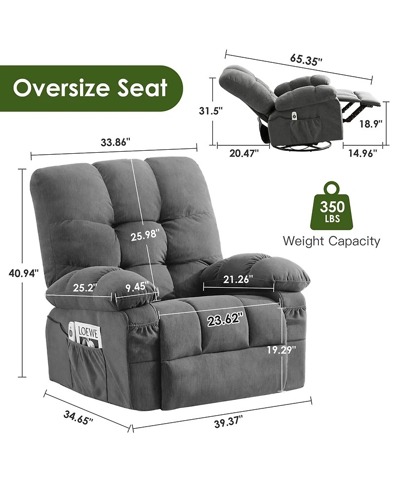 Clihome Oversized Swivel Recliner Chair with Vibration Massage & Lumbar Heating, 350 lbs Capacity, Rocker Single Sofa with Side Pocket