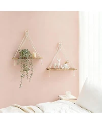 Yigii Boho Macrame Hanging Shelves Set of 2 – Rustic Wood Wall Decor for Minimalist Homes