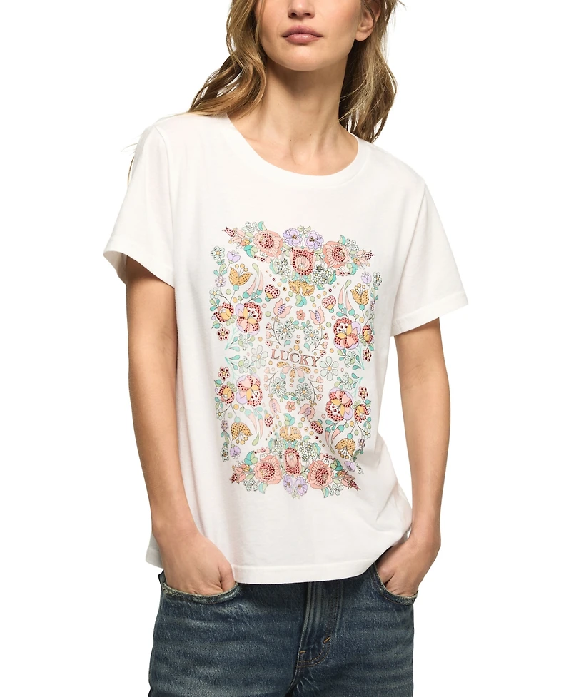 Lucky Brand Women's Floral Poster Embellished Classic Crewneck T-Shirt