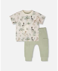 Deux par Baby Boys Cotton Jersey T-Shirt and Rib Pants Set Beige Zebra Print Sage Green