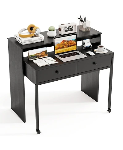 Mecale Extendable Rolling Computer Desk with 2 Drawers, Convertible Home Office Writing Desk