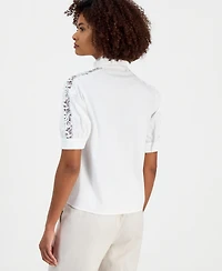 T Tahari Women's Mandarin-Collar Lace-Trim Blouse