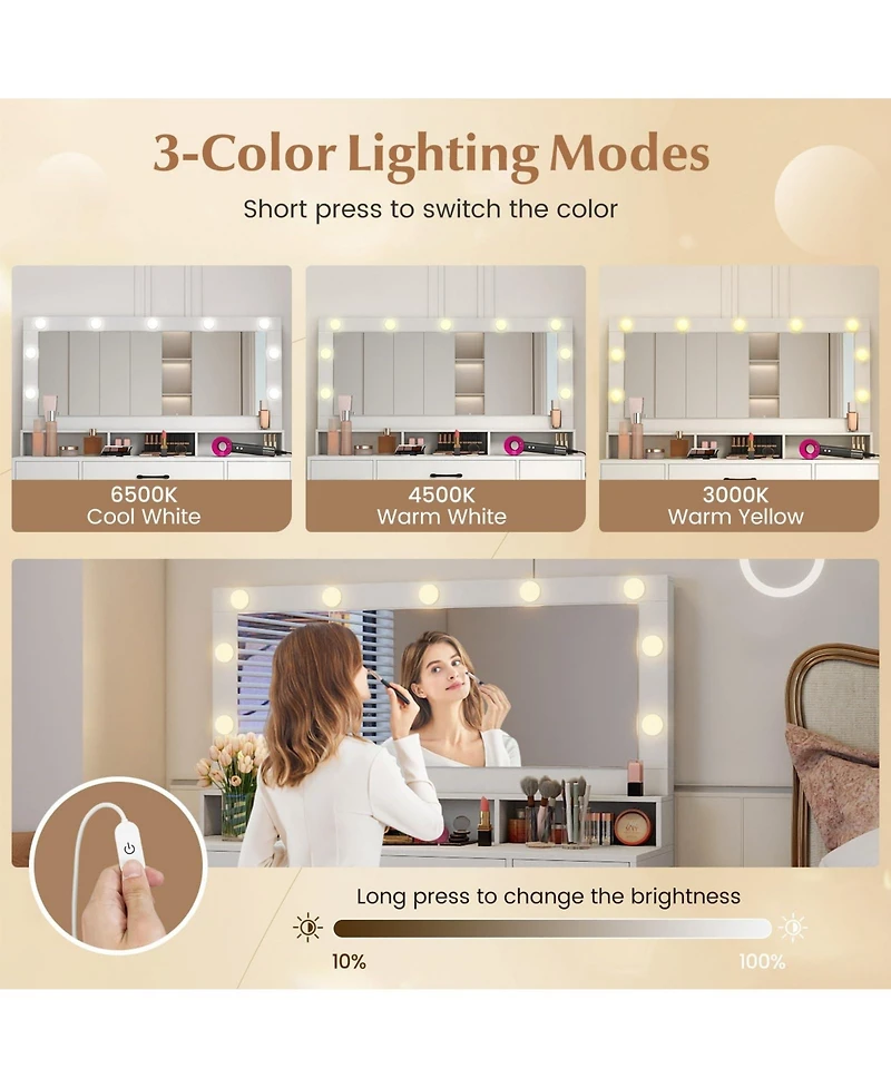 Volenca Makeup Vanity Table with Mirror and Lights, Power Outlets, Bedroom Dressing Desk