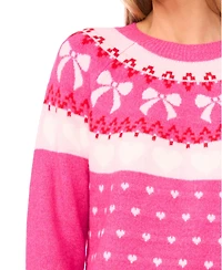 CeCe Women's Heart and Bow Fair Isle Crewneck Sweater