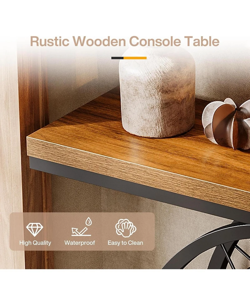 Tribesigns Industrial 3-Tier Console Table, 39.4" Sofa Table Entryway Table with Fixed Wheel Base, Narrow Wood Accent Tables