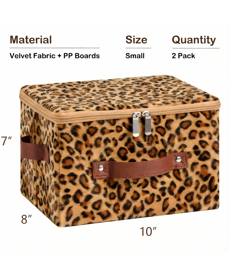 Yigii Leopard Print Storage Bin with Zipper Lid, Pu Leather Handles, Pp Plastic Board, Foldable, Washable,Large
