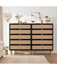 gaomon Black Modern Rattan 5-Drawer Dresser, Deep Storage & Wide Top for Bedroom