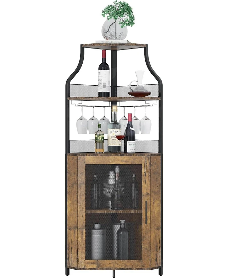 Gaomon Brown Wooden Farmhouse Wine Bar Corner Cabinet with Detachable Rack, Mesh Door, Glass Rack, and Storage
