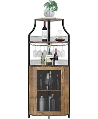 Gaomon Brown Wooden Farmhouse Wine Bar Corner Cabinet with Detachable Rack, Mesh Door, Glass Rack, and Storage
