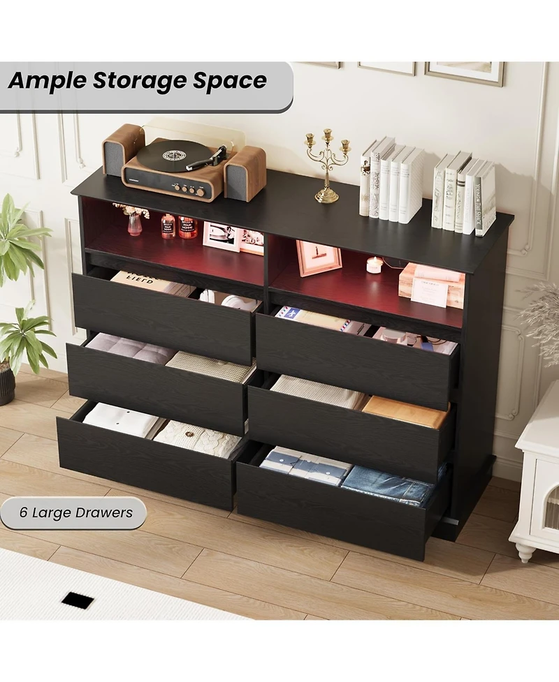 gaomon 6 Drawer Dresser for Bedroom with Led Lights & Charging Station
