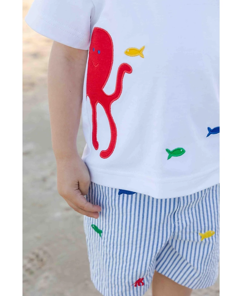 Florence Eiseman Little Boys Seersucker Shorts with Embroidered Sea Creatures