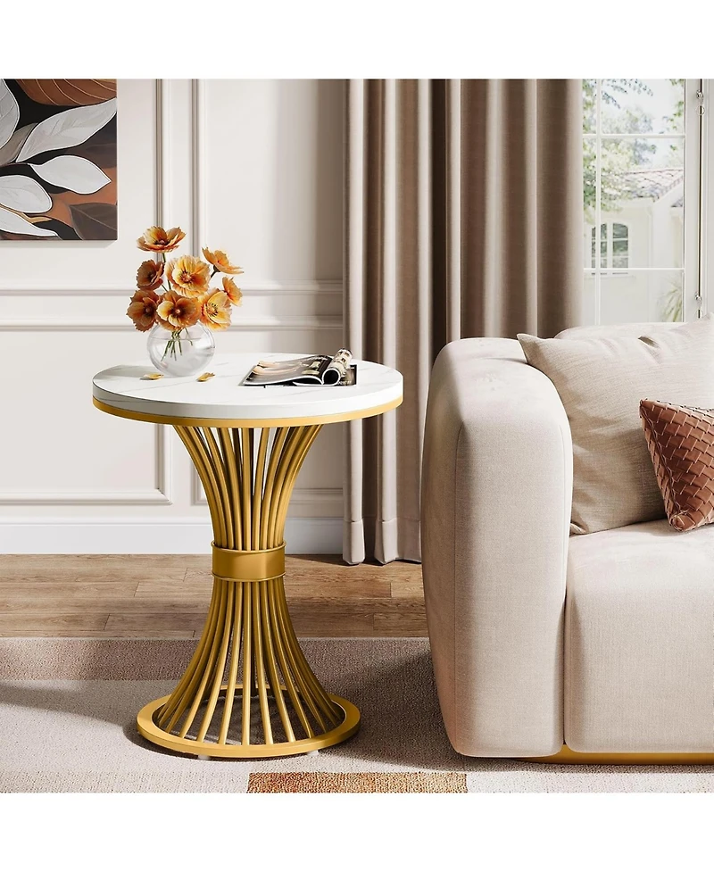 Tribesigns Round End Table Set of 2, Modern Faux Marble Side Table with Gold Metal Base, Small Bedside Nightstand, Wooden Accent Table