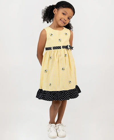 Rare Editions Girls' 2T-6X Yellow Bee Schiffli Seersucker Dress
