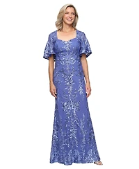 Alex Evenings Petite Embroidered Flutter-Sleeve Gown