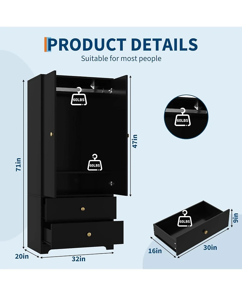 gaomon 71" Armoire Wardrobe Closet with 2 Drawers & Doors, Adjustable Shelves, Hanging Rod, Modern Bedroom Storage Cabinet